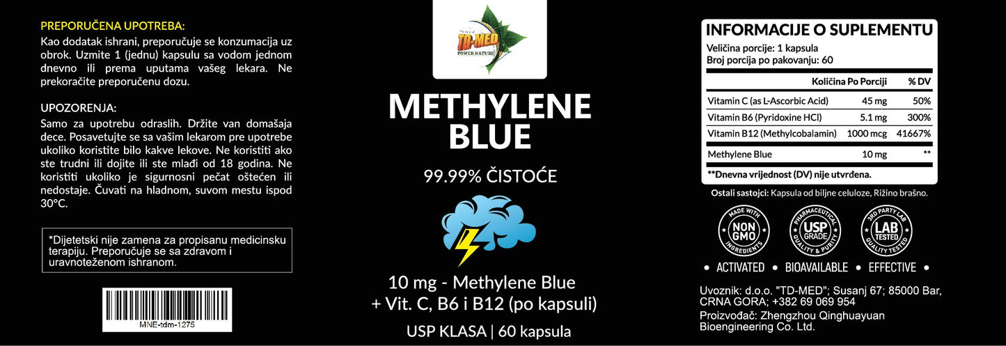 Metilen Plavo 60 kaps,Podržava ćelijsku energiju, mentalnu jasnoću i fokus, uz antioksidativnu zaštitu,podršku nervnom sistemu i umoru ;Kombinuje 10 mg Metilenskog plavog sa vitaminima C, B6 i B12 u kapsuli. Formulisan je u USP klasi; Naš BREND