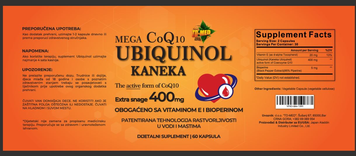 Ubikinol CoQ10 KANEKA-MEGA Ubiqunol 400mg u 2 kaps. (60 caps,);Extra snage + dodatak Vit.E i Bioperina;;"Japan-Hanzhong Bingo Aladdin Co.Ltd" za USA/EU ;Za bolji rad srca-energije,mozak,jetra i još toga ; REKLAMNA cena