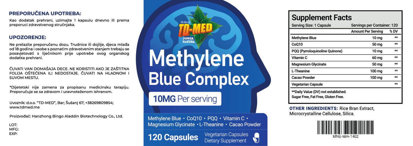 Methylene Blue Complex(Metilen Plavo-Komplex)120 casp.sadrži Metilensko plavo,Vit.C, CoQ10, PQQ, L-teanin i Magnezijum Glycinat;Doprinos funkciji Nervnog sistema, Mentalnom fokusu,jasnoći i vitalnosti.Reklamna  cijena i novitet na tržištu!