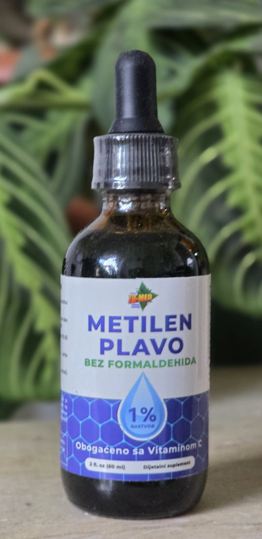 Metilen Plavo-Methylene Blue 60ml-1% USP solucija;Ublažavanje simptoma migrena, depresije i anksioznosti,više energijuBrži oporavak nakon trovanja ili infekcija. za koncentraciju, pamćenje i ukupnu kognitivnu funkiju,protiv parazita,i bolova u krstima