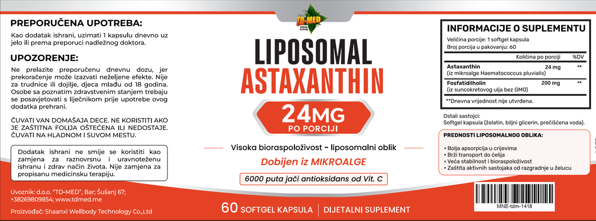 Astaxanthin-Liposomal Astaksantin sa Fosfadiholinon-/24mg-60 soft.gell.(iz mikro algi);Naš brend,prvi put kod nas;Za bolju energiju,imunitet,regeneraciju tkiva,za kožu protiv UV zračenja,cirkulaciju,LDL uravnotežuje i mnogo toga;Reklamna cijena