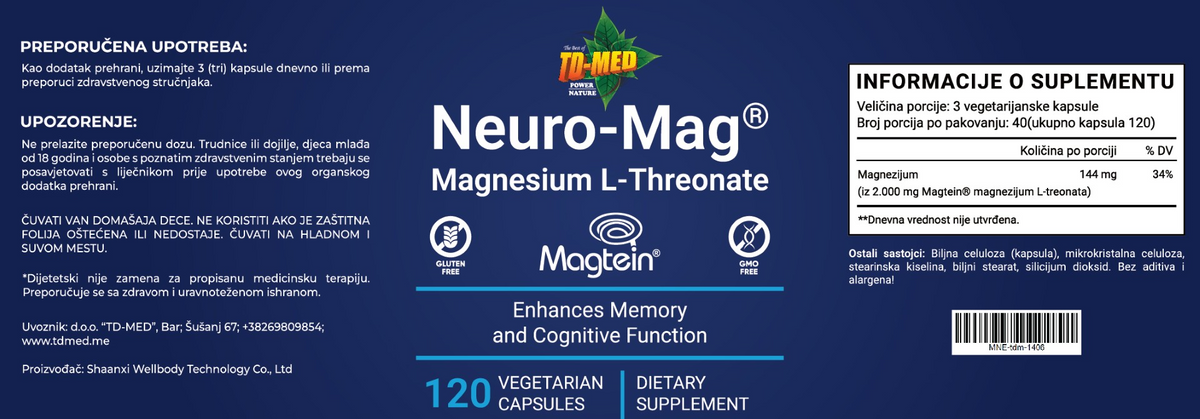 MAGTEIN-"NEURO MAG"-.L-Threonate;120 caps.-iz 2000mg magnesium L-Threonata-;Dnevna doza do 3 kaps-2000mg;Za bolje pamćenje i memoriju,bolji rad moždanih ćelija,ublažava stres ,za bolji san *(veće pakovanje 120 caps.)> NAŠ BREND-Reklamna Akcija !