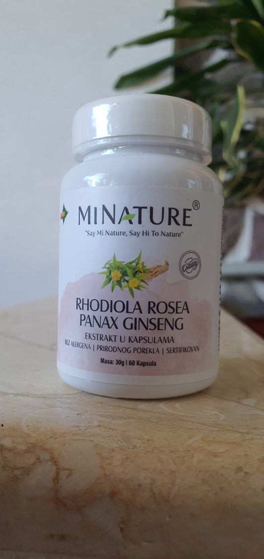 Rhodiola+Panax 60 caps(dnevna doza u 2 kaps, je 1000mg). Mi Nature;Pomoć- podršku za manje stresa(akcioznost,depresiju),umora i više mantalne jasnoćei energije