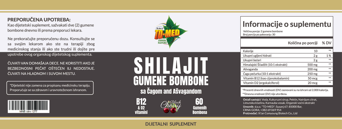 SHILAJIT GUMENE BOMBONE - 60 kom.;(Obogaćeno sa Ashwagandom i ČAGOM,Vit.B-12 i D2);Za više Imuniteta,mladalačke Energrije;bolje Reproduktivno zdravlje.bolje kosti,Konigtivne funcije mozga,manje stresa,Detoxifikacija tijela...Naš BREND!