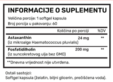 Astaxanthin-Liposomal Astaksantin sa Fosfadiholinon-/24mg-60 soft.gell.(iz mikro algi);Naš brend,prvi put kod nas;Za bolju energiju,imunitet,regeneraciju tkiva,za kožu protiv UV zračenja,cirkulaciju,LDL uravnotežuje i mnogo toga;Reklamna cijena