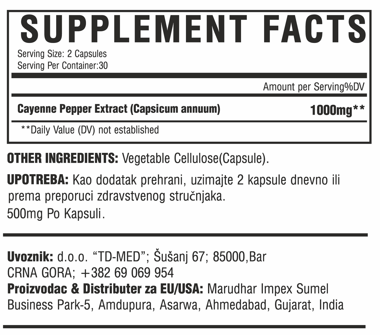 Kajenska paprika Extract-"Cayenne Peper"60 kaps/1000mg u 2 kaps.",Za bolju cirkulaciju,energiju i toplinu tela, manji LDL Holesterol > Naš Brend sa Sertifikatom kvaliteta