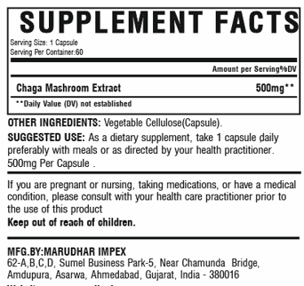 CHAGA-ČAGA Extract, full spectrum 500mg-60 kaps., "Mi Nature"-Indija sa sertifikatom i polisaharidi 20.26 %;podizanje Imuno podrške,jetri i detoxikacija tela,anti age učinci
