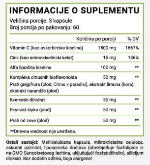 Liposomal C+;(180 caps.VELIKO pakovanje) sa dodatkom Cinka,Quercetina,Šipurka,Zove extract;Flavonoidi voća-Citrusa ,Alpha Lipo-Acid (7 u 1 Liposom),za Imunitet,sezone gripa,Sportiste i pušače...Reklamna AKCIJA 50%,Naš BREND