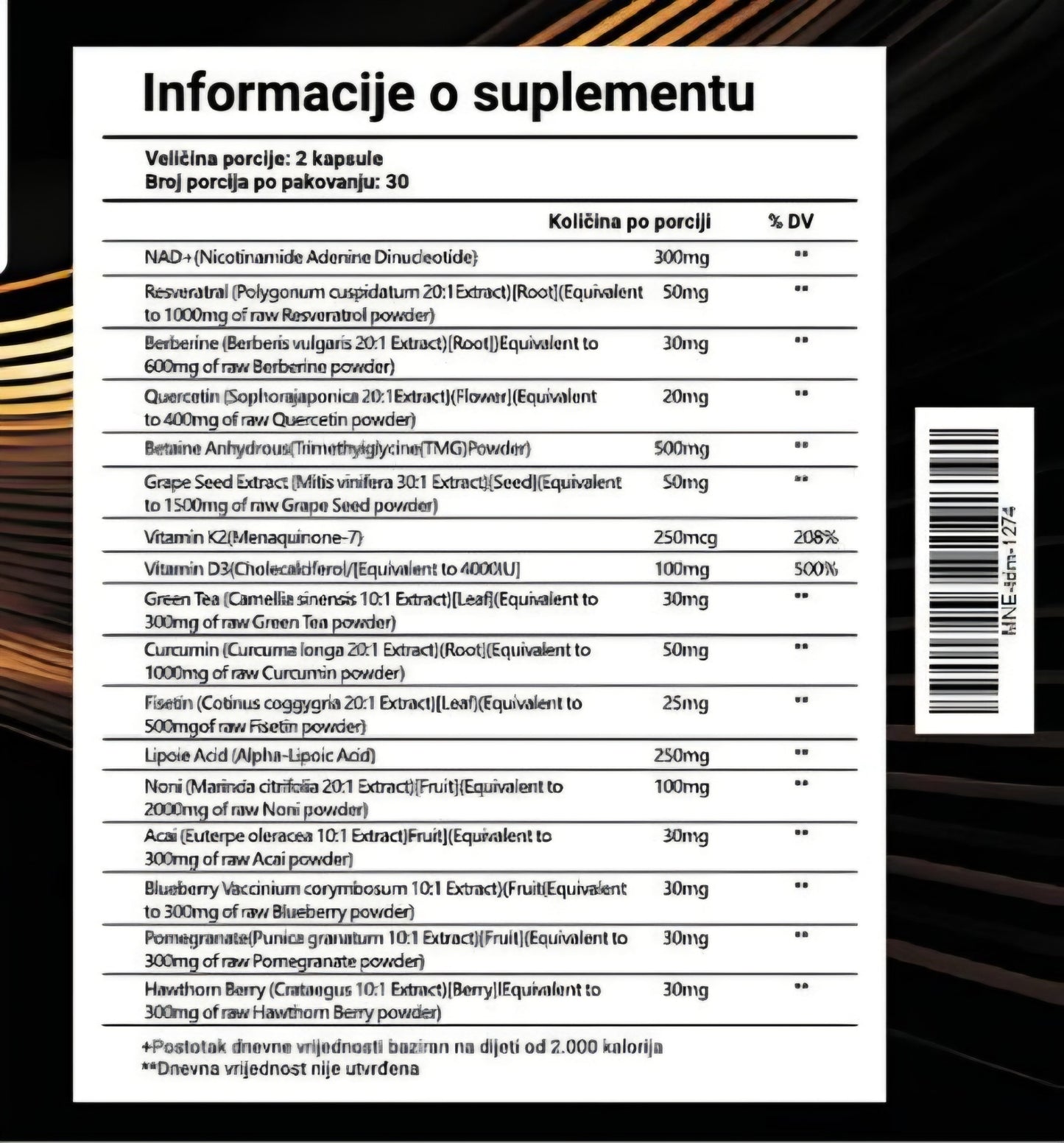 NAD+ 60 kaps;sa Resveratrolom,Berberin,Fisetin,Quercentinom i mešavinom biljnih extrata (Acai,Noni,Kurkuma,Zeleni caj,Glog,Borovnica.Nar , Extract Crnog Bibera,VitaminD3+K2)...za PODMADJIVANJE,protiv starenja, i Imunitet sa Antioxidantima