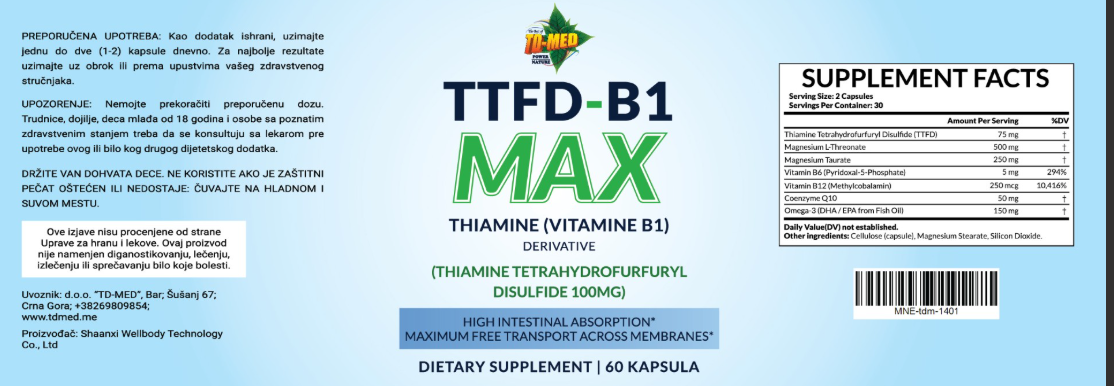  TTFD‑B1 MAX 60 caps.(Derivat B1 sa bitnim dodatcima)-Sinergijska formula za energiju i nervni sistem,za više elana,motivacije i manje umora,Za Energiju kakvu niste osetili!... još toga,Naš BREND sa sertifikarom-prvi put kod nas Reklamna Akciska cijena