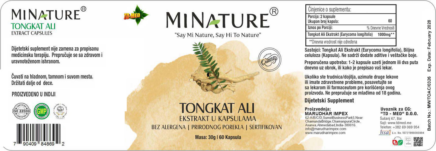 Tongkat Ali Extrakt - Moćni Jack 60 capsula, Mi Nature-Indija,1000mg u 2 kapsule ...za više energije,vitalnosti,za sportiste i ljubavnike .Naš BREND sa sertificatom kvaliteta