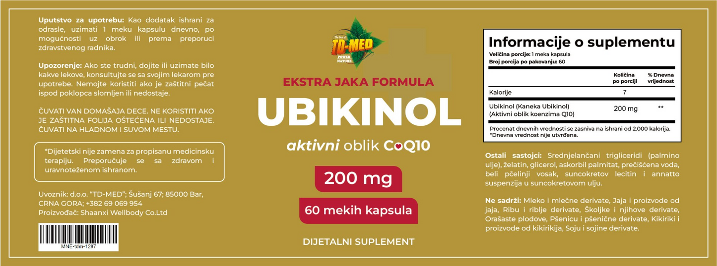 Ubiqunol-Kaneka 200mg- 60 soft gell,Welbody proizvodjač za naš brend; Podrška srcu i krvnim sudovima,energije i smanjenje umora, sportske performanse i oporavak,podrška protiv starenja, plodnosti oba pola,Reklamna Akciska cijena (ograničene količine)